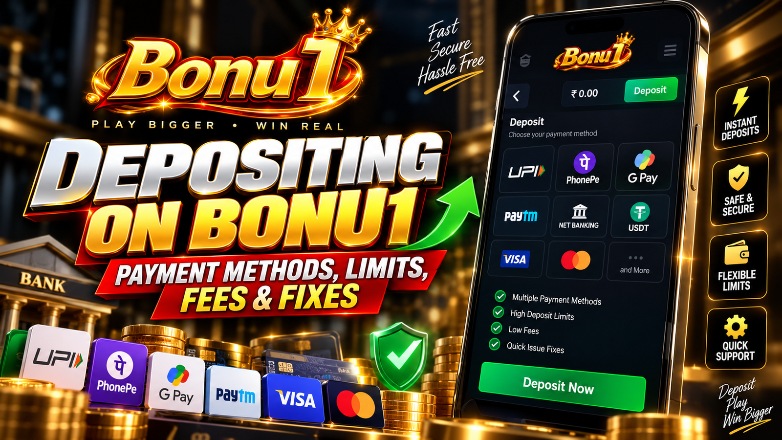 Depositing on Bonu1 — payment methods, limits, fees and fixes