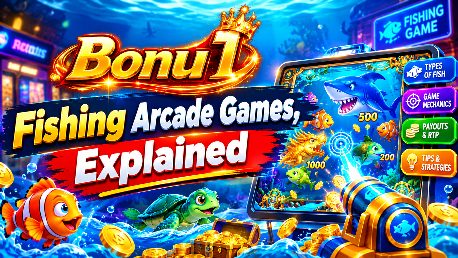 A fishing arcade screen showing cannon levels, fish value tiers and a boss fish