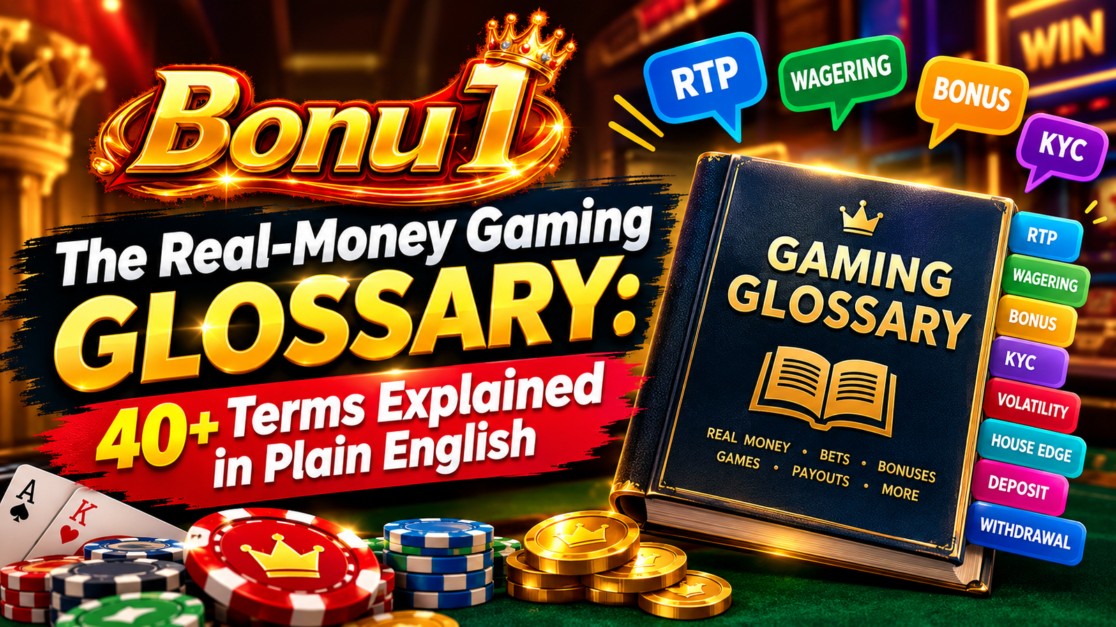 A glossary of real-money gaming terms grouped by bonus mechanics, odds and fairness, game mechanics, and account compliance
