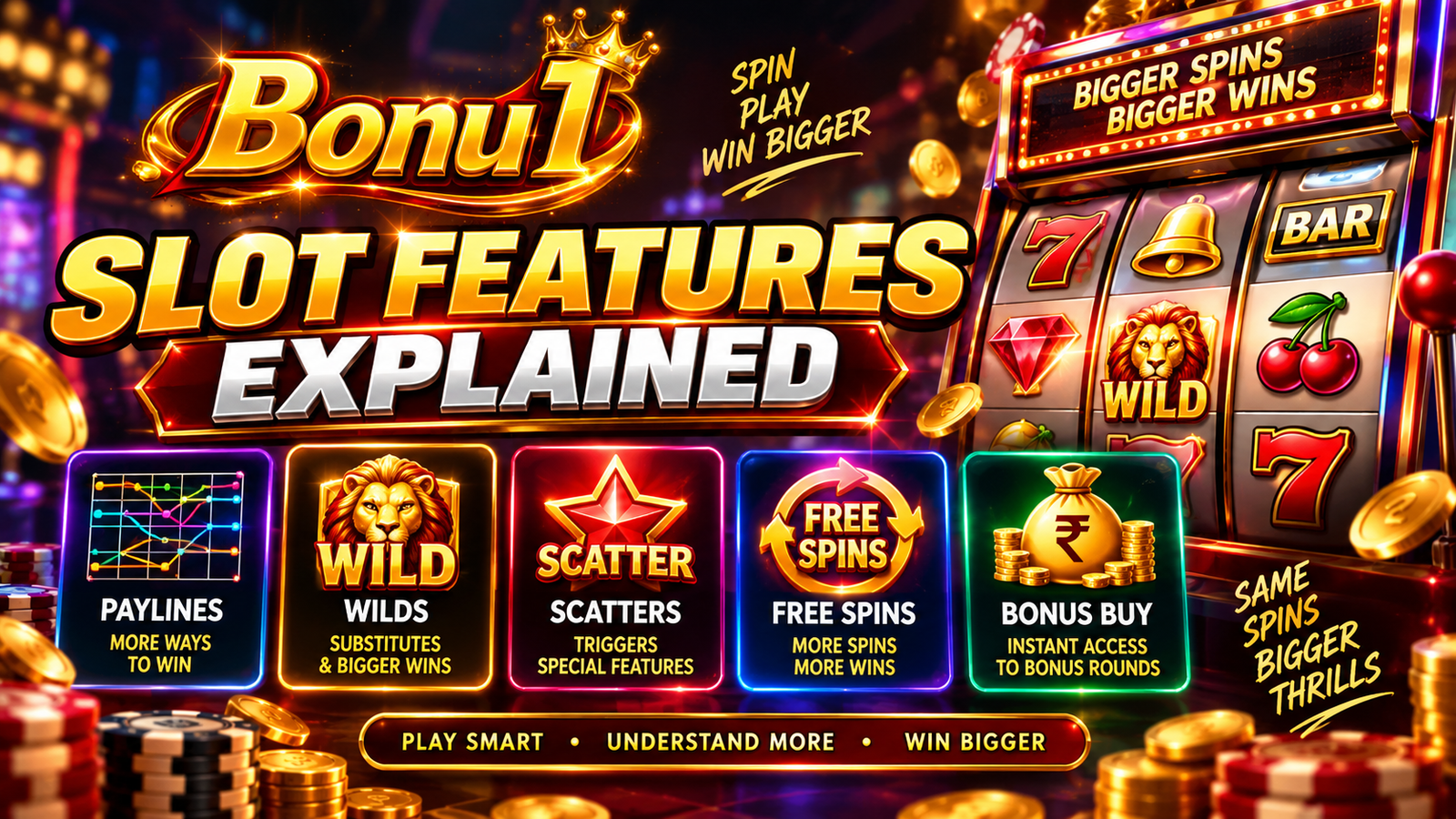 A slot screen broken down into paylines, wild symbols, scatters, multipliers and a free spins bonus round