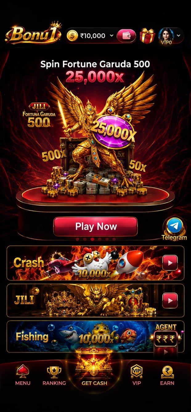 The Bonu1 app home screen showing the featured game carousel, wallet balance and category shortcuts