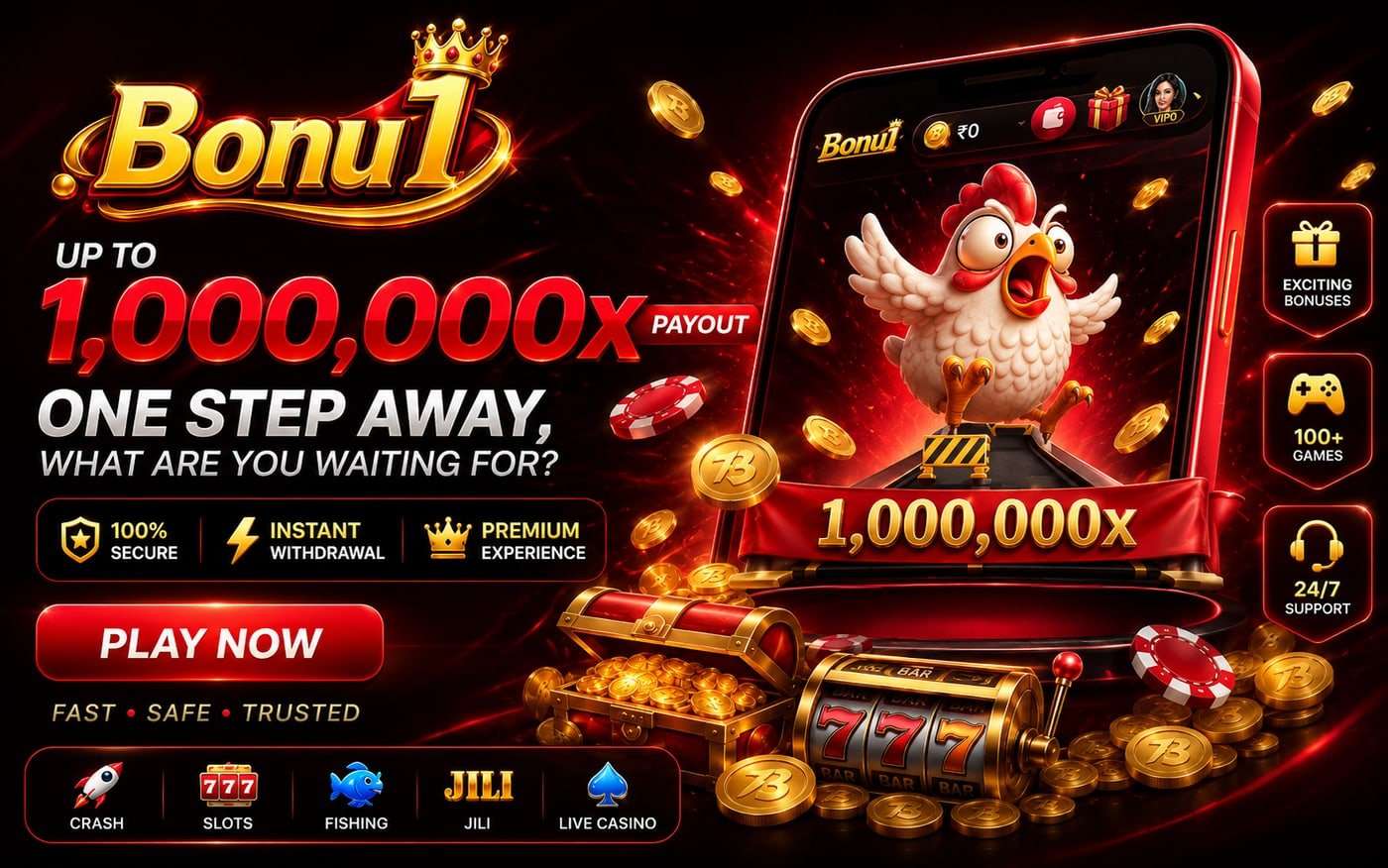 Bonu1 promotional banner: the app shown on a handset alongside its crash, slots, fishing, JILI and live casino category shortcuts
